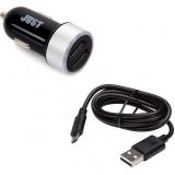 Just Motion Dual USB Car Charger (2.4A/12W, 2USB) Black/Silver + microUSB Cable (CCHRGR-MTNMU-BLCK) -  1